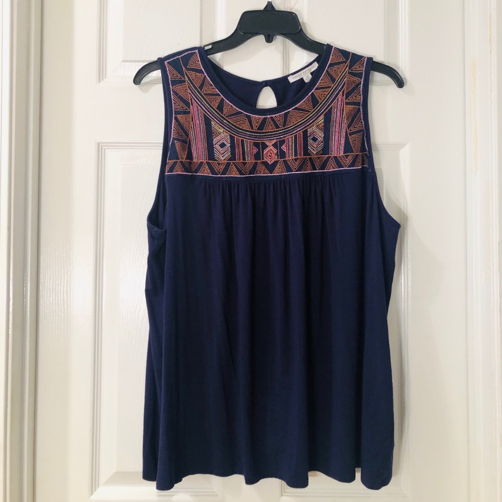 Blue Knit Tank with Multi-Colored Embroidery